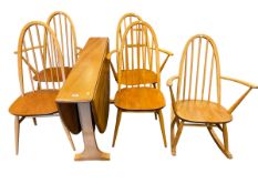 Ercol slim drop leaf dining table and five Quaker back chairs including rocker.