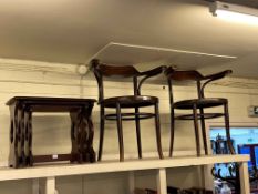 Pair Bentwood armchairs, hat and coat stand and nest of three polished mahogany tables (4).