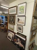 Collection of eleven various watercolours and prints including landscape, tigers, etc.