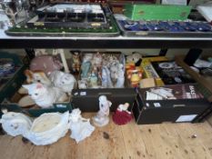 Three boxes of china and toys including figurines, Royal Doulton toby's, Binetone TV game, etc.