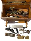 Large oak tool box containing vintage tools including Marples gauge, planes, spirit levels, etc.