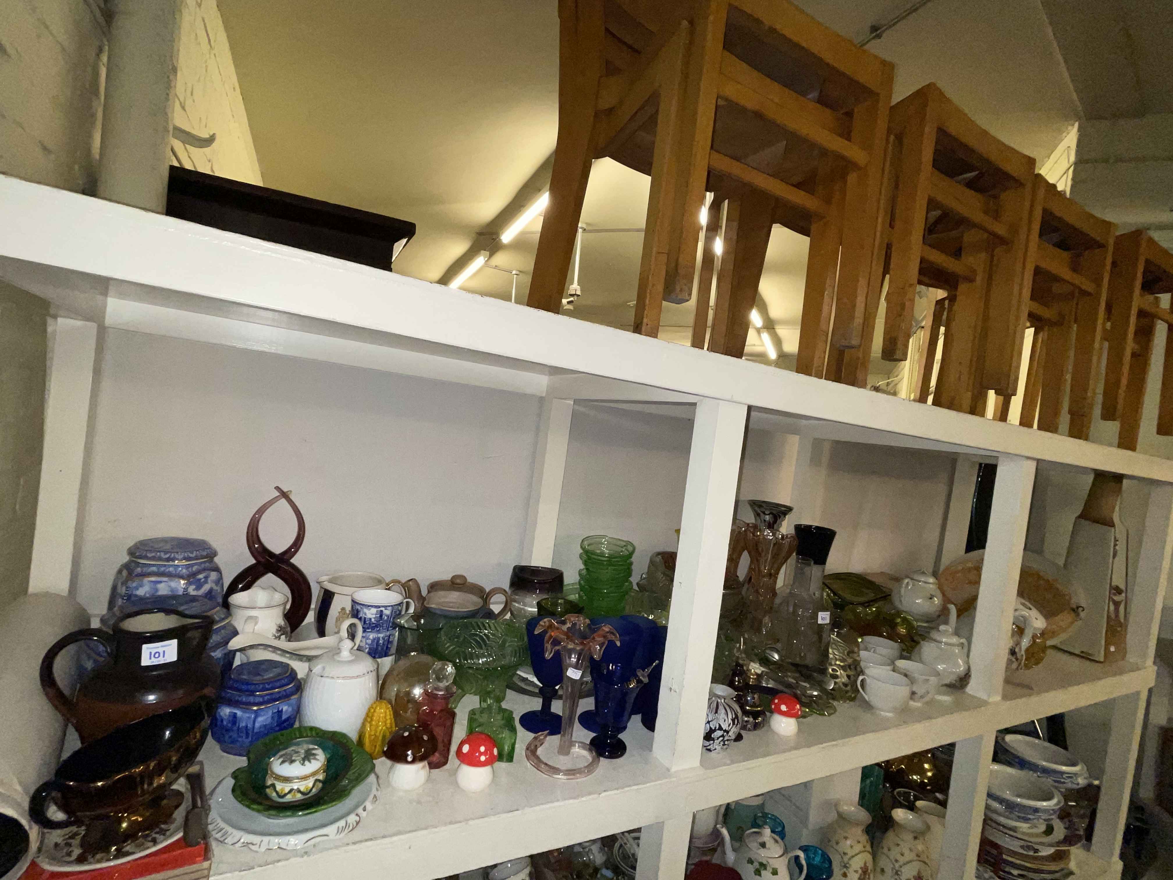 Full shelf of assorted china and glass including light globes, vases, Oriental teaware, - Image 2 of 2