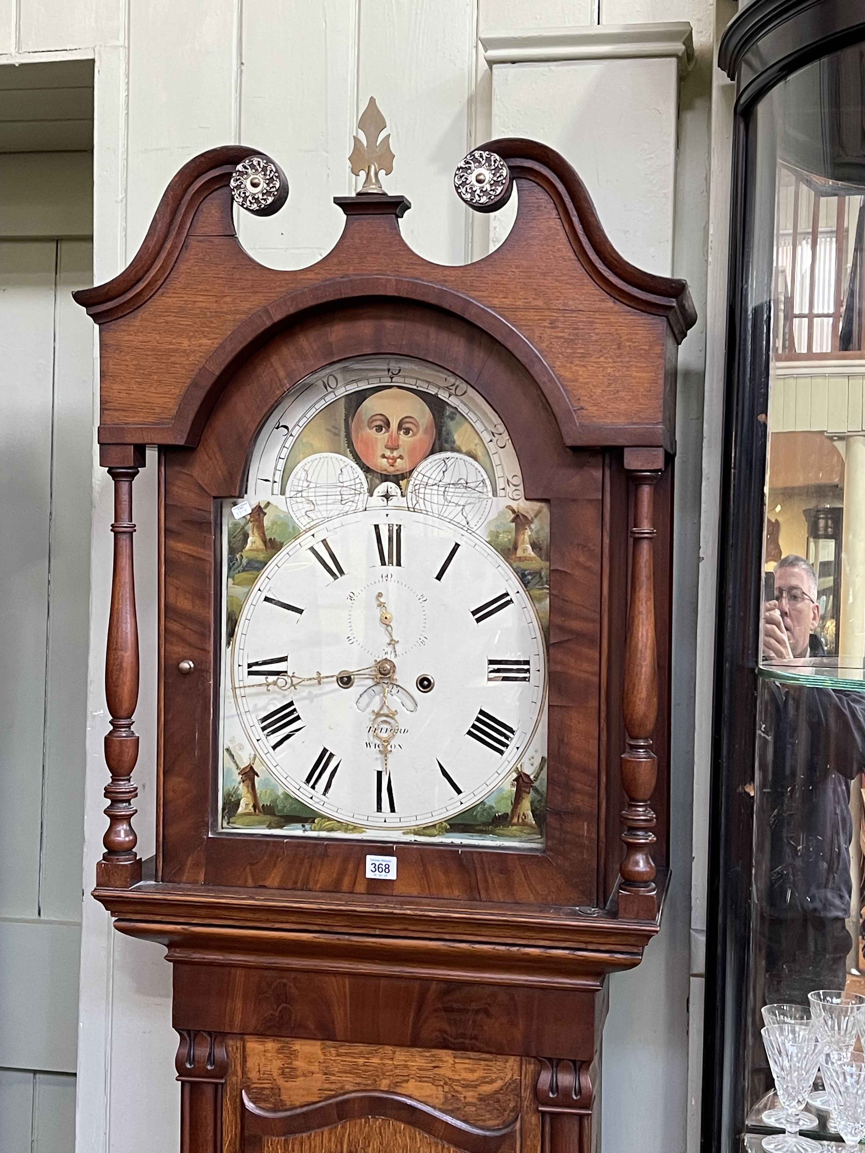 Antique mahogany and oak eight day longcase clock having painted arched moon phase dial, - Image 2 of 2