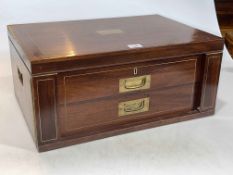 Rosewood and brass inlay cutlery box with lift up lid and two drawers.