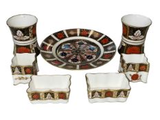 Four Royal Crown Derby Imari 22cm plates, and pair Abbeydale vases and four small dishes.