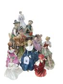 Capo di Monte, Coalport and Royal Doulton figures (9).