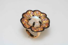 Silver gilt moonstone and multi coloured sapphire ring, size P.