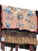 Chinese fabric panel embroidered with dragons and having weighted tassel fringe 1.30 by 0.53.