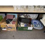 Two blue and white meat plates, boxed glassware, 78 records, pottery chicken, Masons vase, etc.