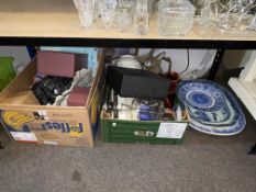 Two blue and white meat plates, boxed glassware, 78 records, pottery chicken, Masons vase, etc.