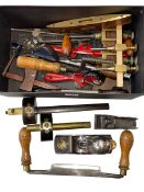 Box of vintage tools including mortice gauges, planes, etc.