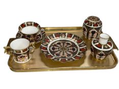 Royal Crown Derby Imari pattern fluted plate, tea caddy, vase, loving cup and cup and saucer (5).