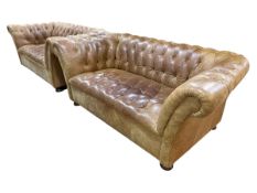 Pair John Lewis tan buttoned leather two seater Chesterfield style settees, 69cm by 173cm by 93cm.