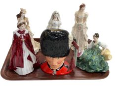 Five lady figures including Royal Worcester, Coalport and Royal Doulton, and The Guardsman toby (6).