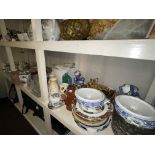 Full shelf of china and glass including Royal Doulton, Coalport and Royal Worcester figures,