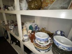 Full shelf of china and glass including Royal Doulton, Coalport and Royal Worcester figures,