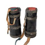 Pair Eastern water carriers, the wood bodies with metal fittings and adornments, 28cm.