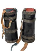 Pair Eastern water carriers, the wood bodies with metal fittings and adornments, 28cm.