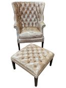 Tetrad Bradley light tan buttoned and studded leather barrel back porters chair and footstool.
