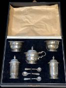 Silver five piece condiment set, Birmingham 1934, cased.