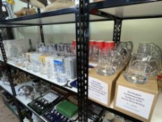 Large collection of Darlington commemorative tankards, other glass commemoratives, decanters, etc.