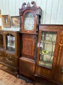 Antique oak and mahogany eight day longcase clock having painted arched dial, signed Humphreys,