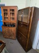 Vintage oak kitchen cabinet and stained pine dresser (2).