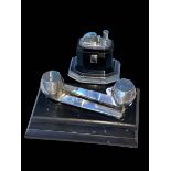 Silver double pipe inkstand, Birmingham 1910, 17cm wide and Ronson Touch Tip table lighter (2).