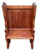 Pitch pine high back church pew, 130cm by 79cm by 36cm.