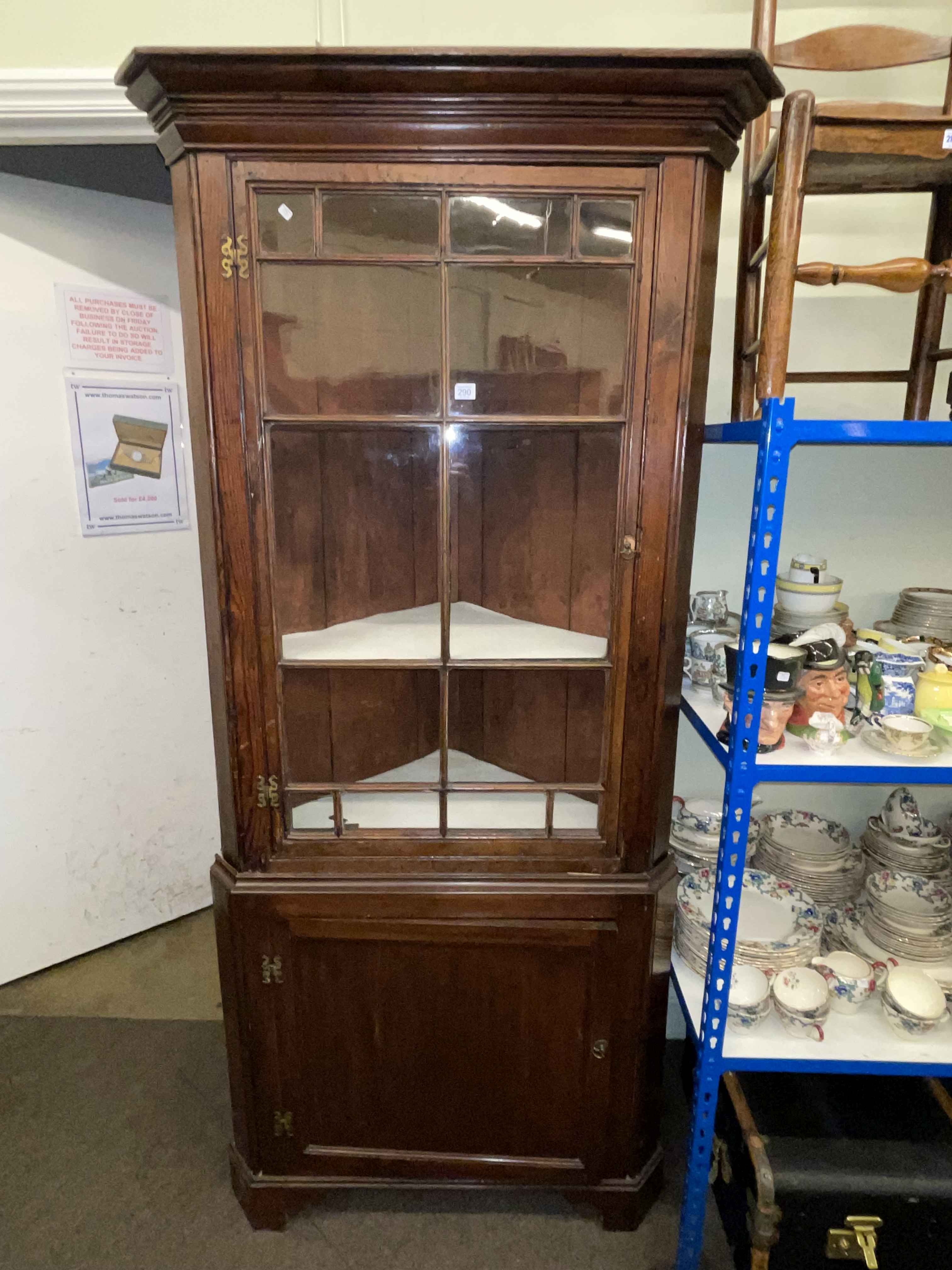 Georgian pine glazed panel door top standing corner cabinet, 204cm.
