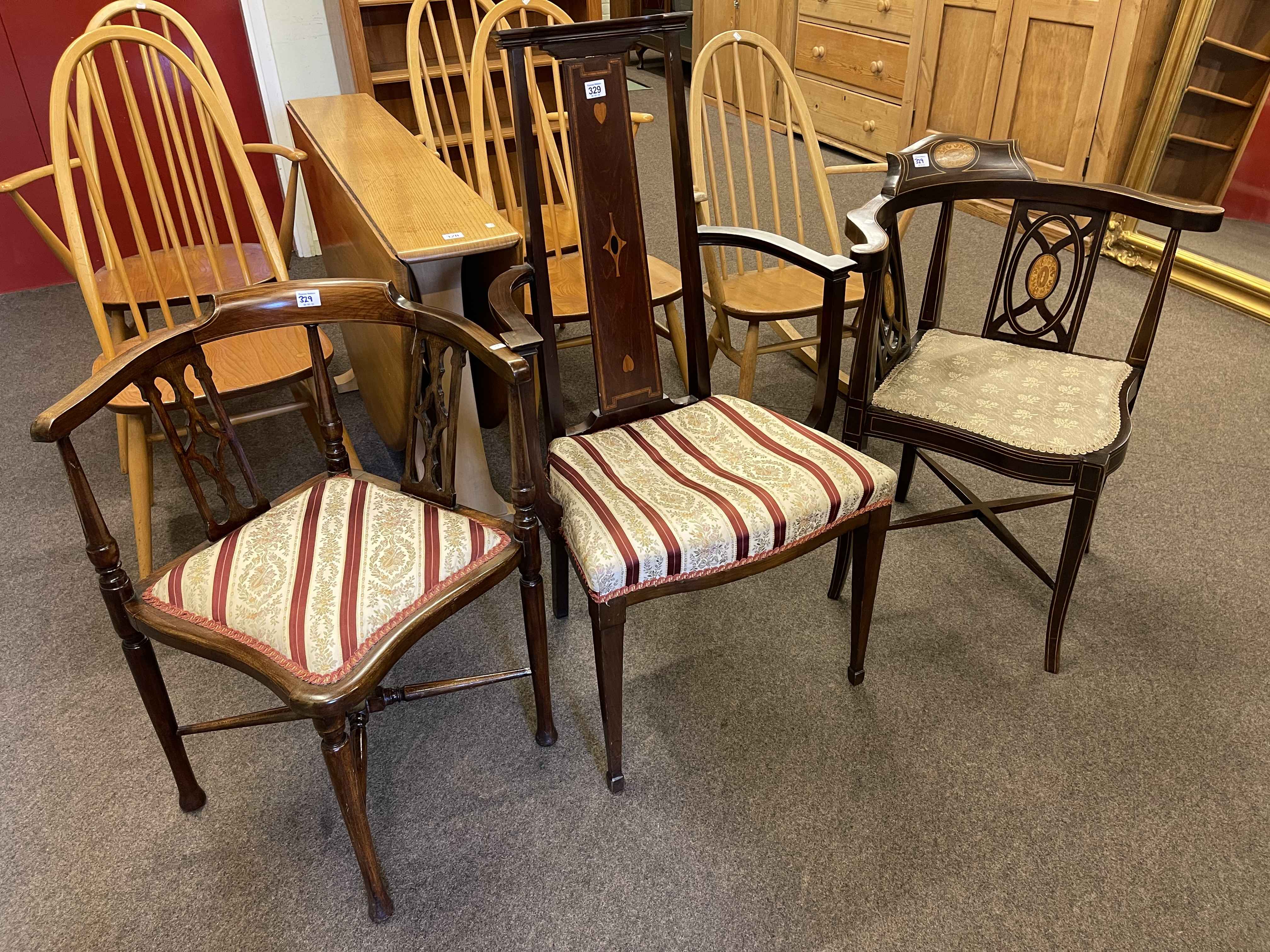 Art Nouveau mahogany elbow chair and two Edwardian mahogany corner elbow chairs (3).