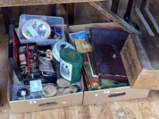 Two boxes with jewellery, buttons, accessories, games, etc.