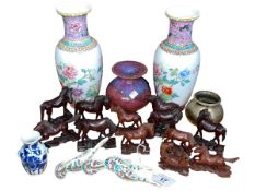 Tray lot with carved horses, pair Chinese vases, stoneware vase, etc.