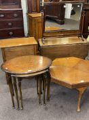 Victorian mahogany bevelled toilet mirror, low oak drop leaf table, oak sewing box,