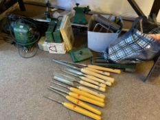 Coronet No 3 lathe and accessories, wood turning chisels, etc.