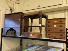 Four drawer apprentice chest, turned leg stool, antique box, two money boxes and letter rack (6).