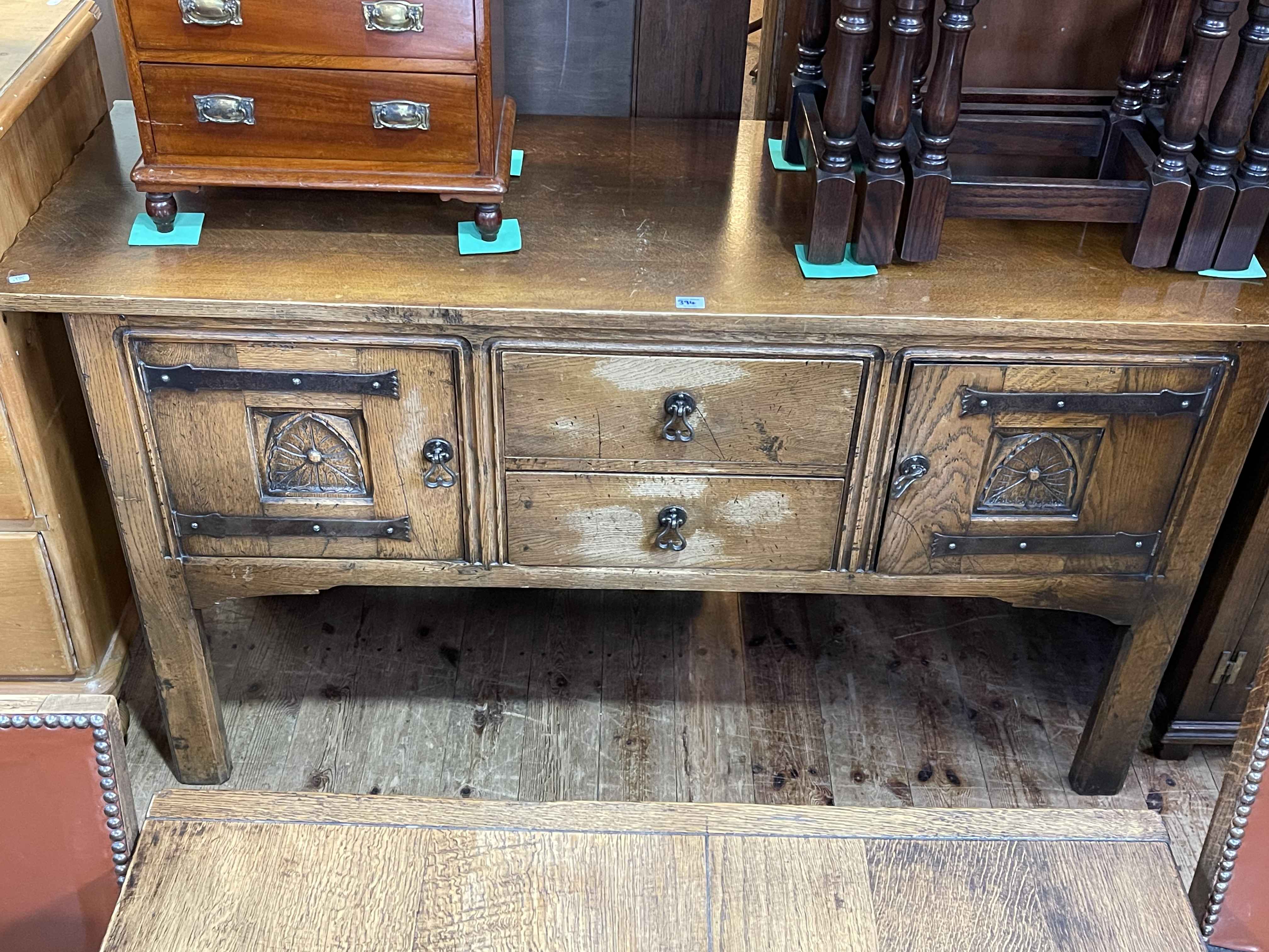 Oak eight piece dining suite comprising jointed oak refectory draw leaf dining table, - Image 2 of 2