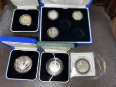 Seven Royal Mint silver proof coins inc UK £1 2003, 2004 and 2005, D-Day commemorative fifty pence,