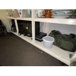 Large collection of fishing equipment including rods, landing nets, tackle boxes and bags, seat,