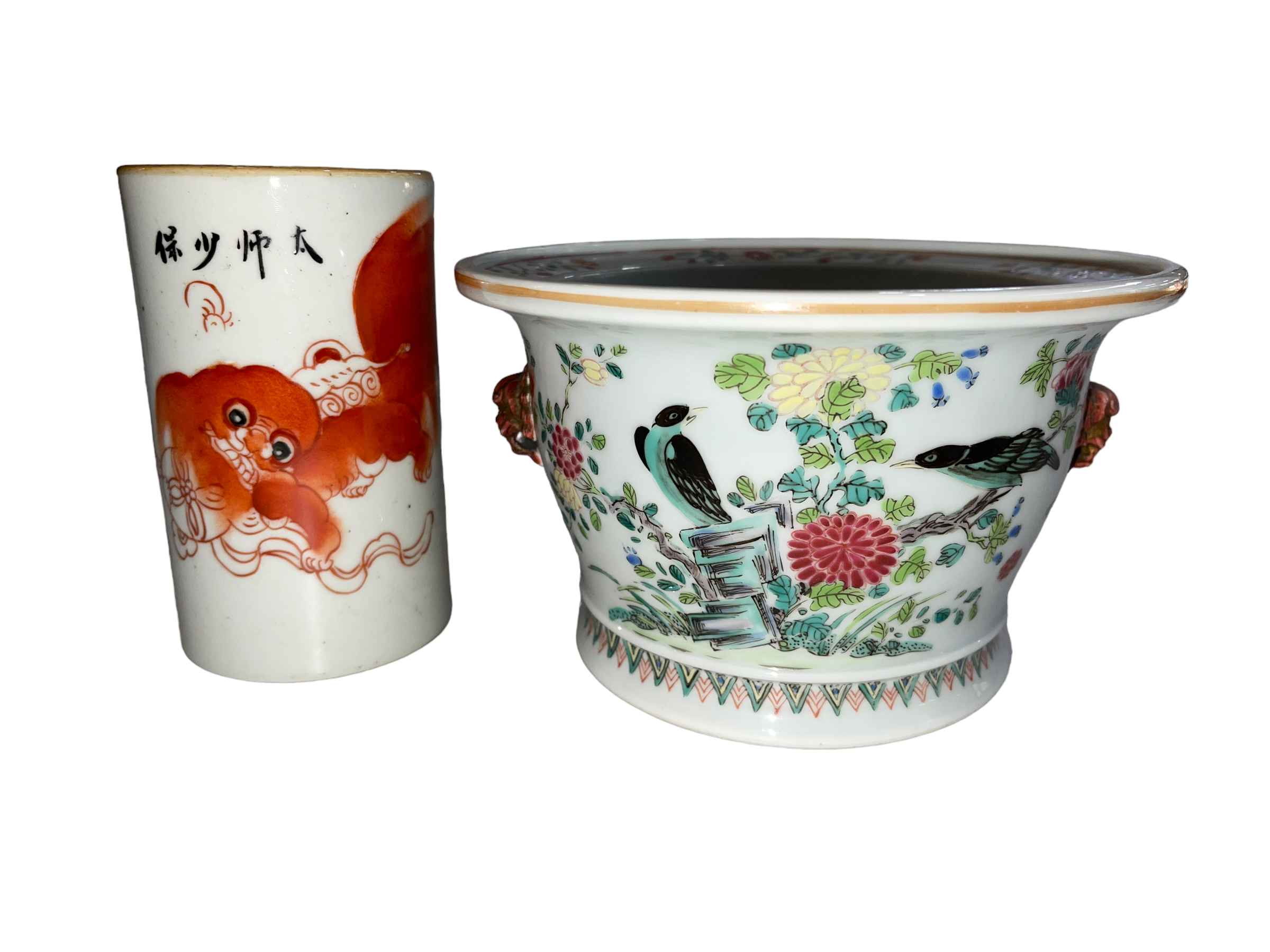 Chinese polychrome jardiniere with lion mask handles and fo dog brush pot (2).