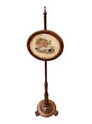 Victorian mahogany oval needlework panel pole screen on triform base, 132cm.