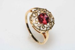 Garnet and diamond 9 carat gold ring, size R/S, with certificate.