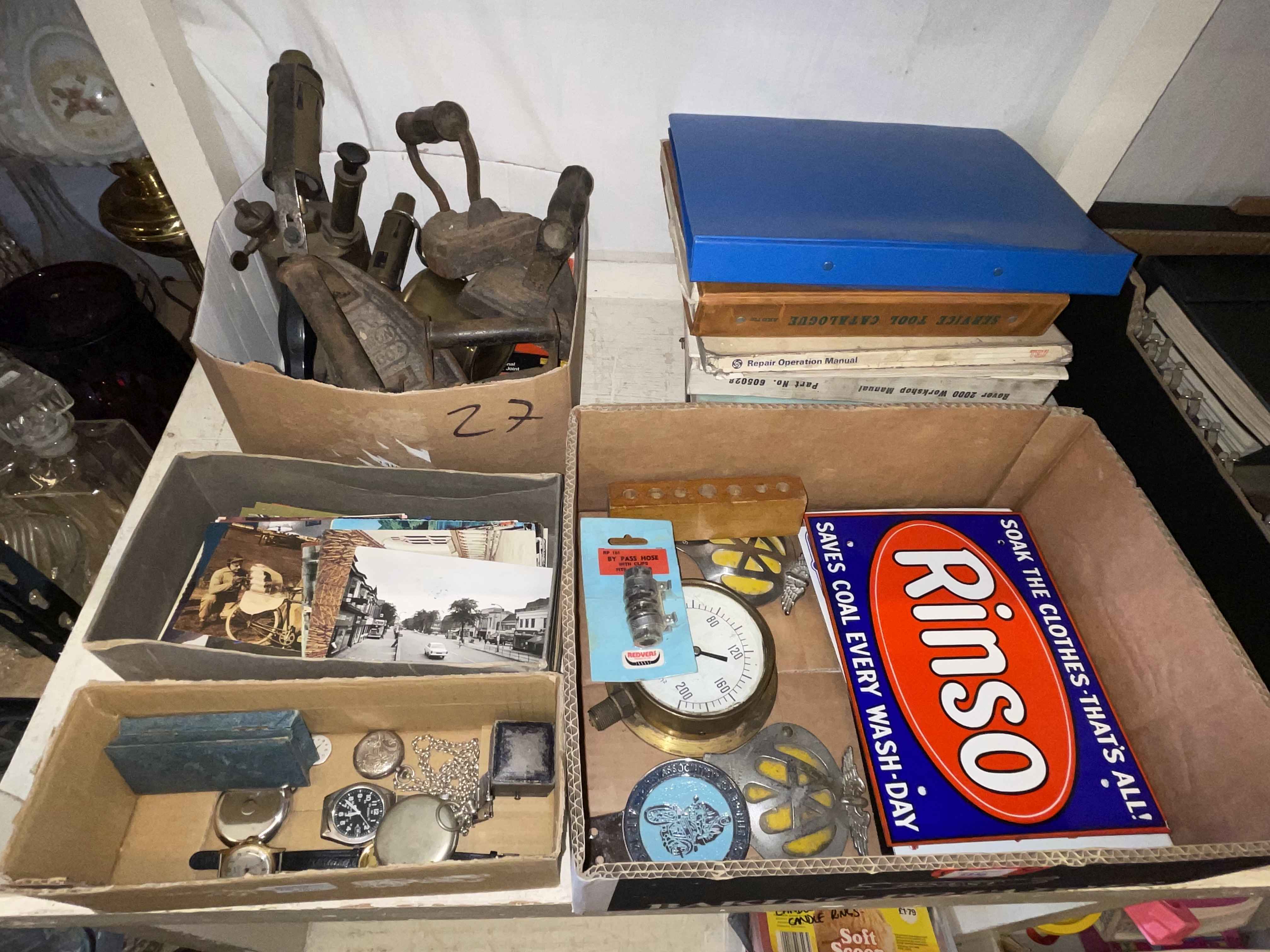 Vintage flat irons, postcards, two AA badges, enamel signs, motoring manuals, oil can, - Image 2 of 2