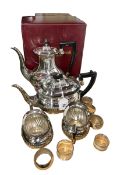 Walker & Hall silver plated tea and coffee service with boxes, and napkin rings.