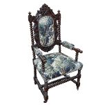 Victorian carved oak and bobbin pillar armchair in tapestry fabric.