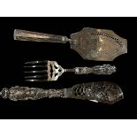 Pair Victorian silver handled fish servers and George III silver fish slice with later handle.