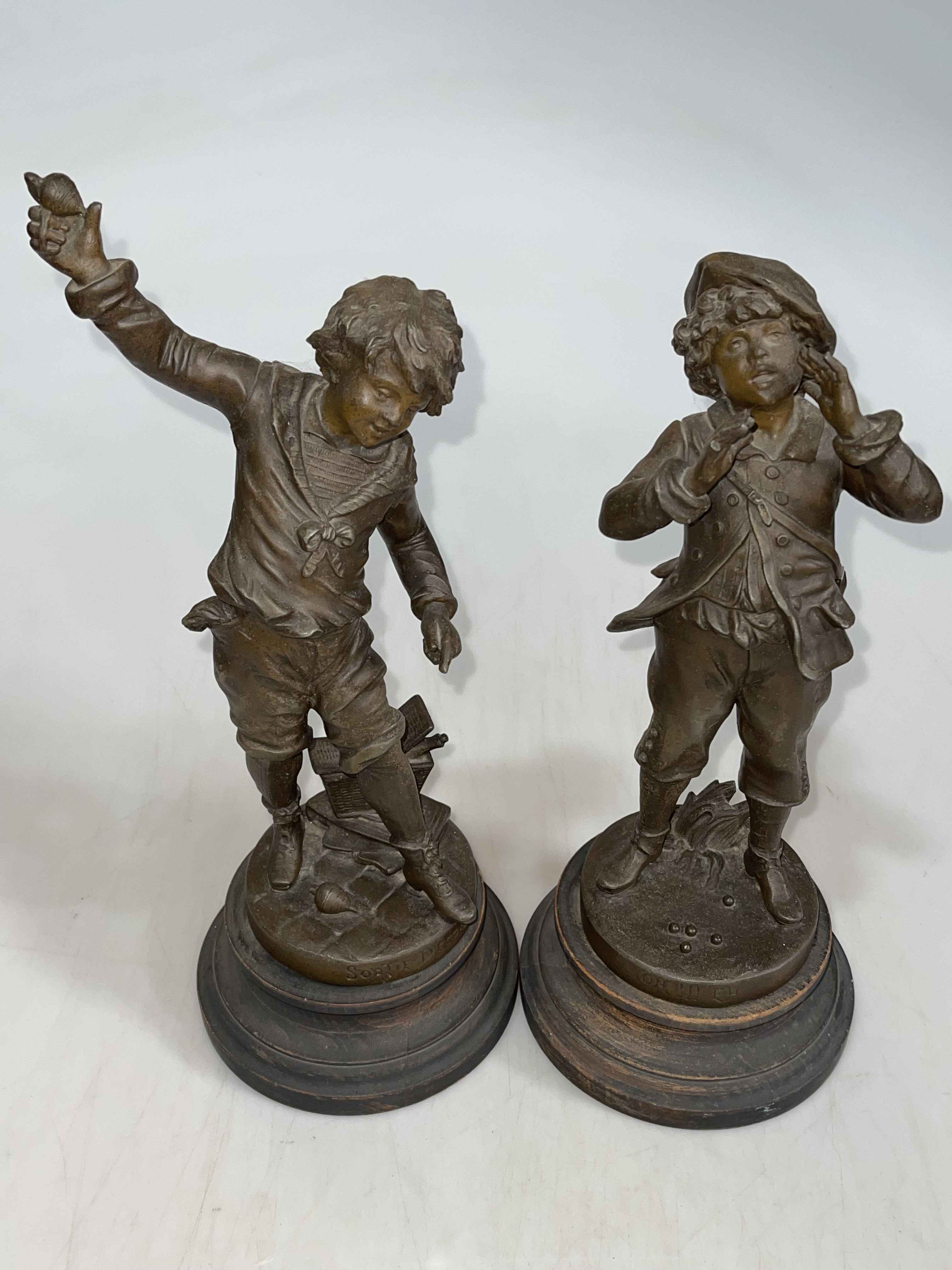 Pair of spelter figures of children on wooden plinths, 37cm high.