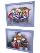 Joyce Roybal, Musical and Cycling Ladies, pair paintings on board, both signed, 29cm by 39cm,