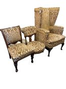 Wing back chair on cabriole legs and two Victorian nursing chairs, all in matching fabric.