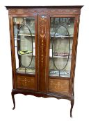 Edwardian inlaid mahogany two door vitrine on cabriole legs, 174cm by 109cm by 37cm.